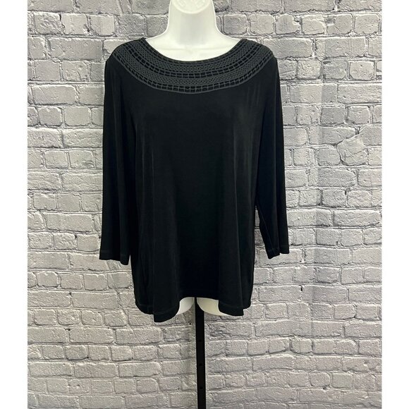 Chico's Travelers Slinky Crochet Neck Trim Top 3/4 Sleeve Size 2 L 12 NWT - Picture 3 of 7